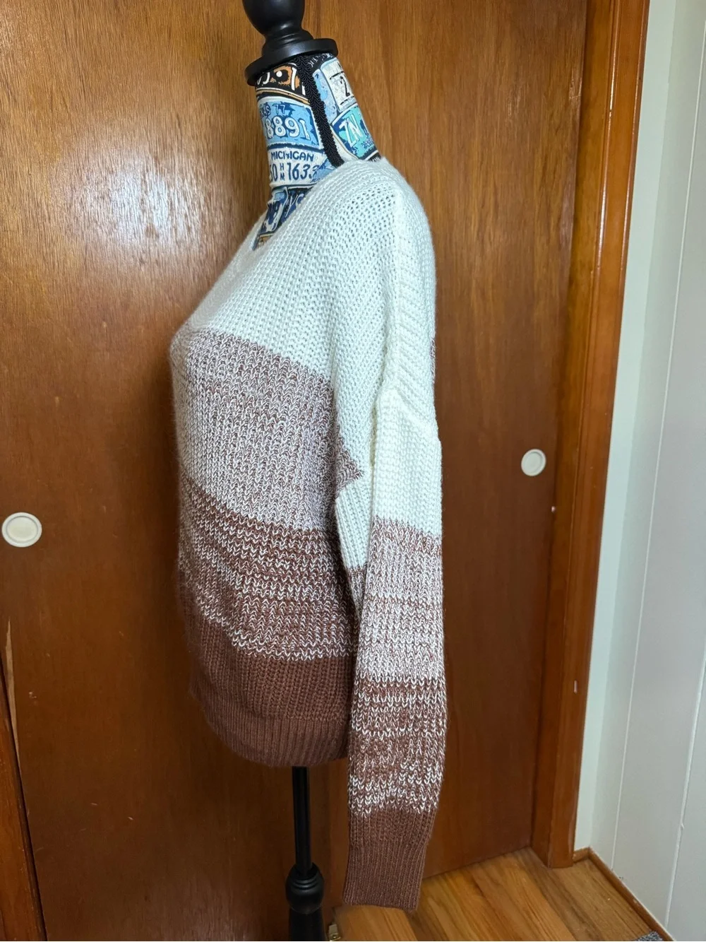 SHEIN Cream and Brown Striped Crewneck Acrylic Sweater, Women’s Small